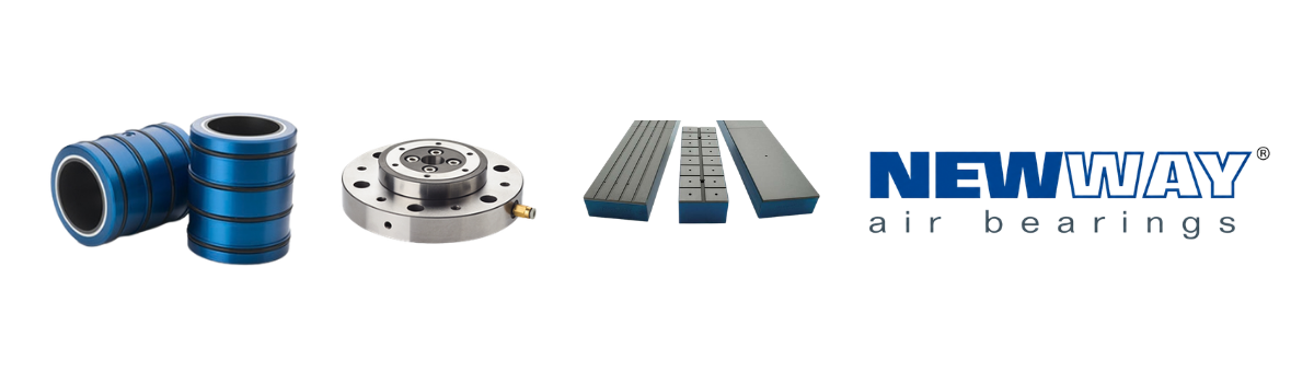 New Way porous media air bushings with O-rings, a round air bearing rotary unit with an air fitting, and three porous media air bars, alongside the blue New Way air bearings logo